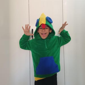 Puede incluir: Un ni&ntilde;o lleva una sudadera con capucha verde, azul, amarilla y roja con una capucha en forma de p&aacute;jaro. La sudadera tiene un bolsillo azul en la parte delantera.