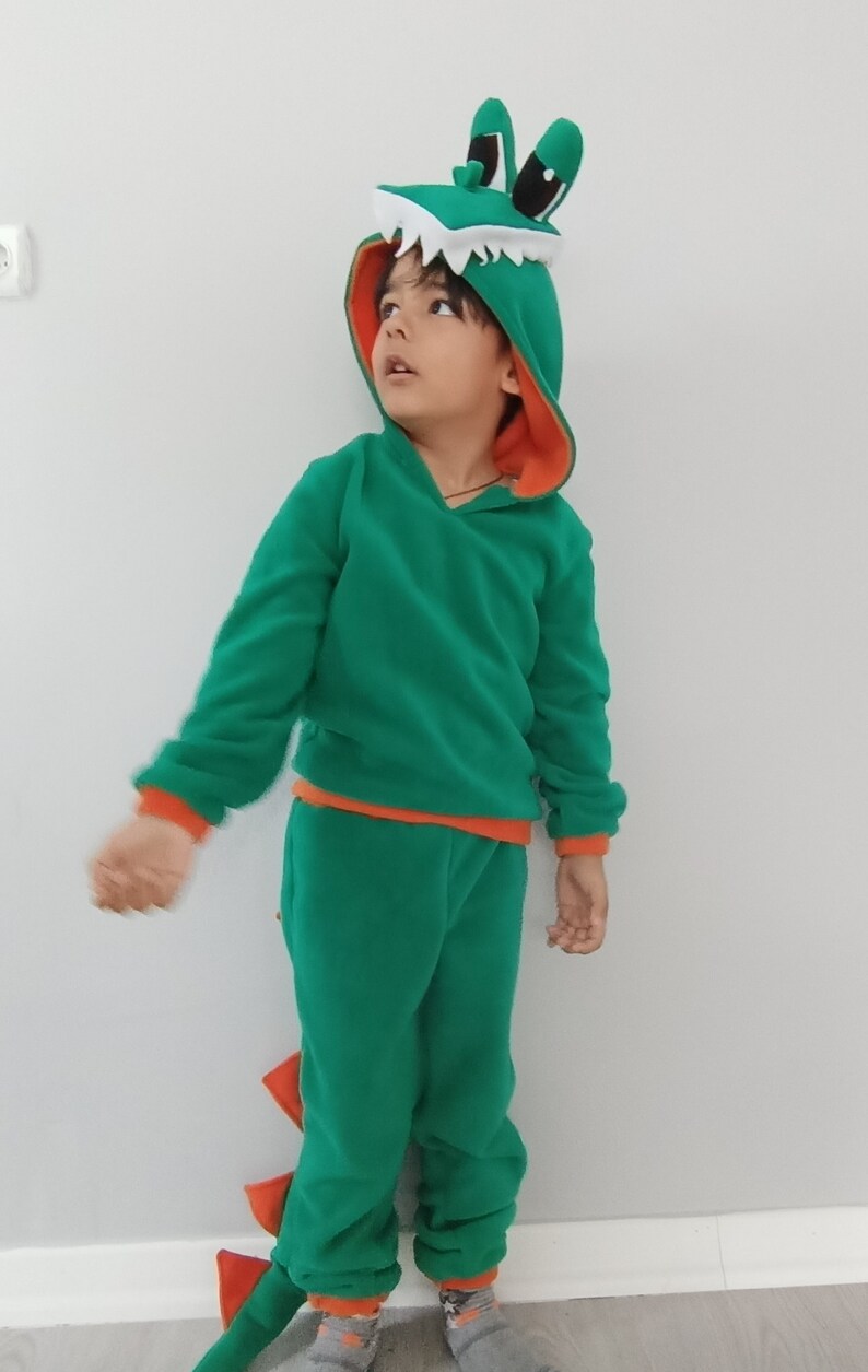 Peut inclure: Un enfant portant un costume de dinosaure vert et orange avec une queue. Le costume comprend un sweat &agrave; capuche et un pantalon assorti.