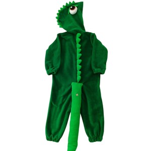 May include: Green dinosaur costume for kids with a long tail and a hood with a single eye.