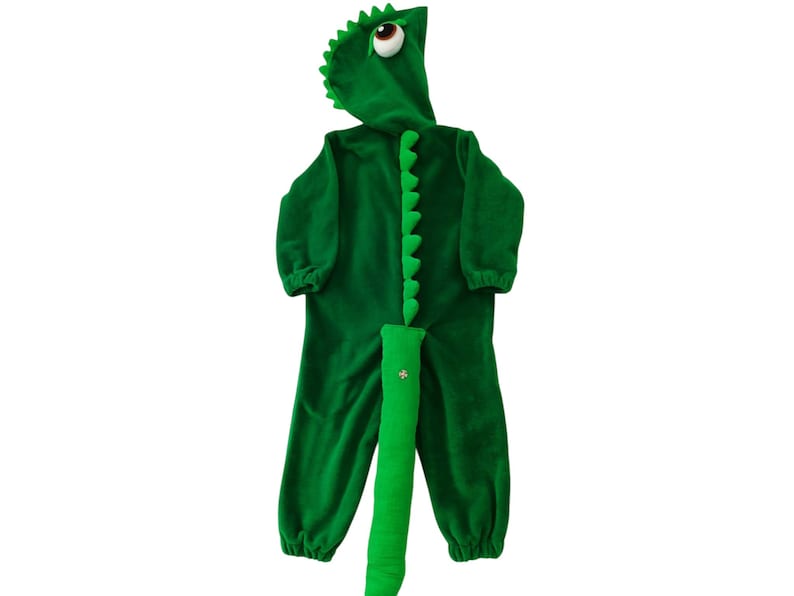 May include: Green dinosaur costume for kids with a long tail and a hood with a single eye.