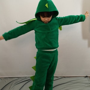May include: A green fleece dinosaur costume for a child. The costume features a hooded sweatshirt with a dinosaur head and a matching pair of pants with a tail.
