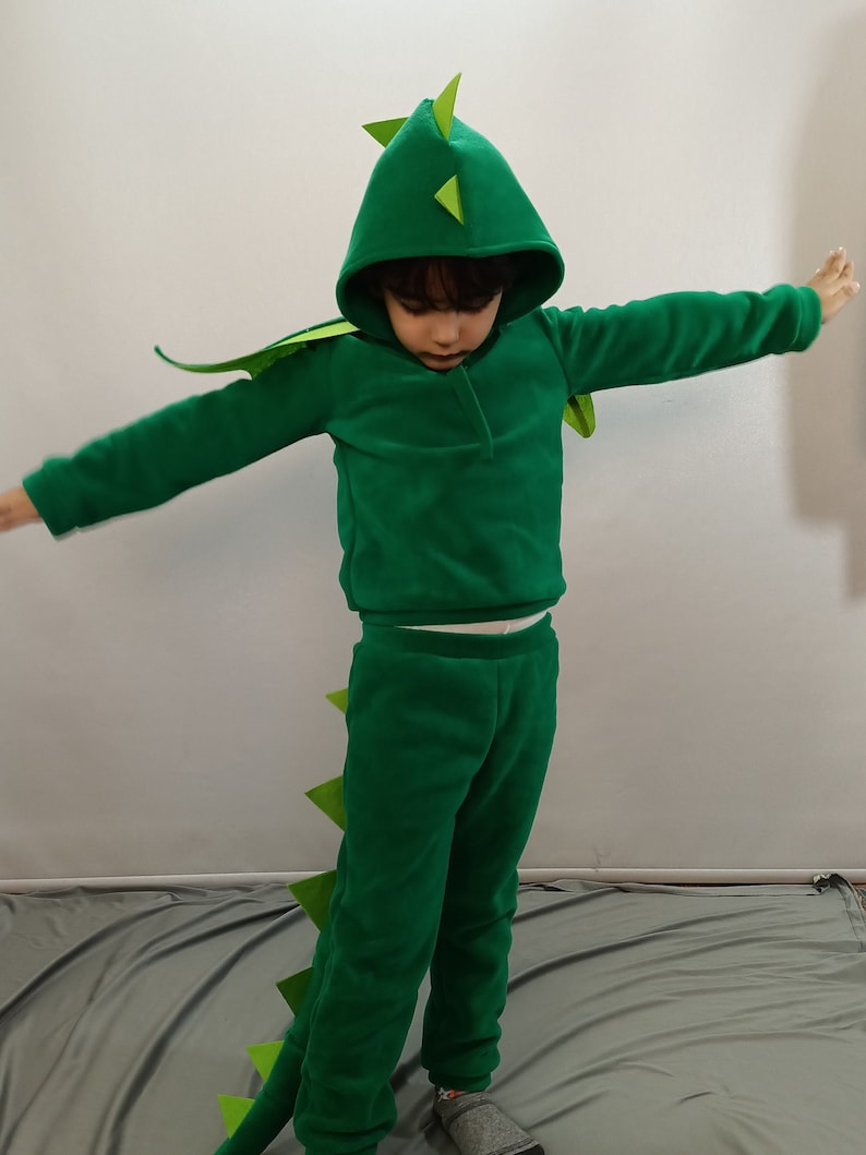 May include: A green fleece dinosaur costume for a child. The costume features a hooded sweatshirt with a dinosaur head and a matching pair of pants with a tail.