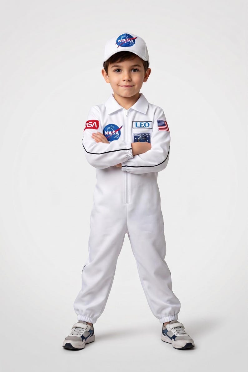 Może przedstawiać: Biały kostium astronauty dla dzieci, z naszywką z logo NASA, plakietką z imieniem "LEO" i naszywką z flagą amerykańską. Str&oacute;j zawiera pasującą czapkę i jest noszony z trampkami.
