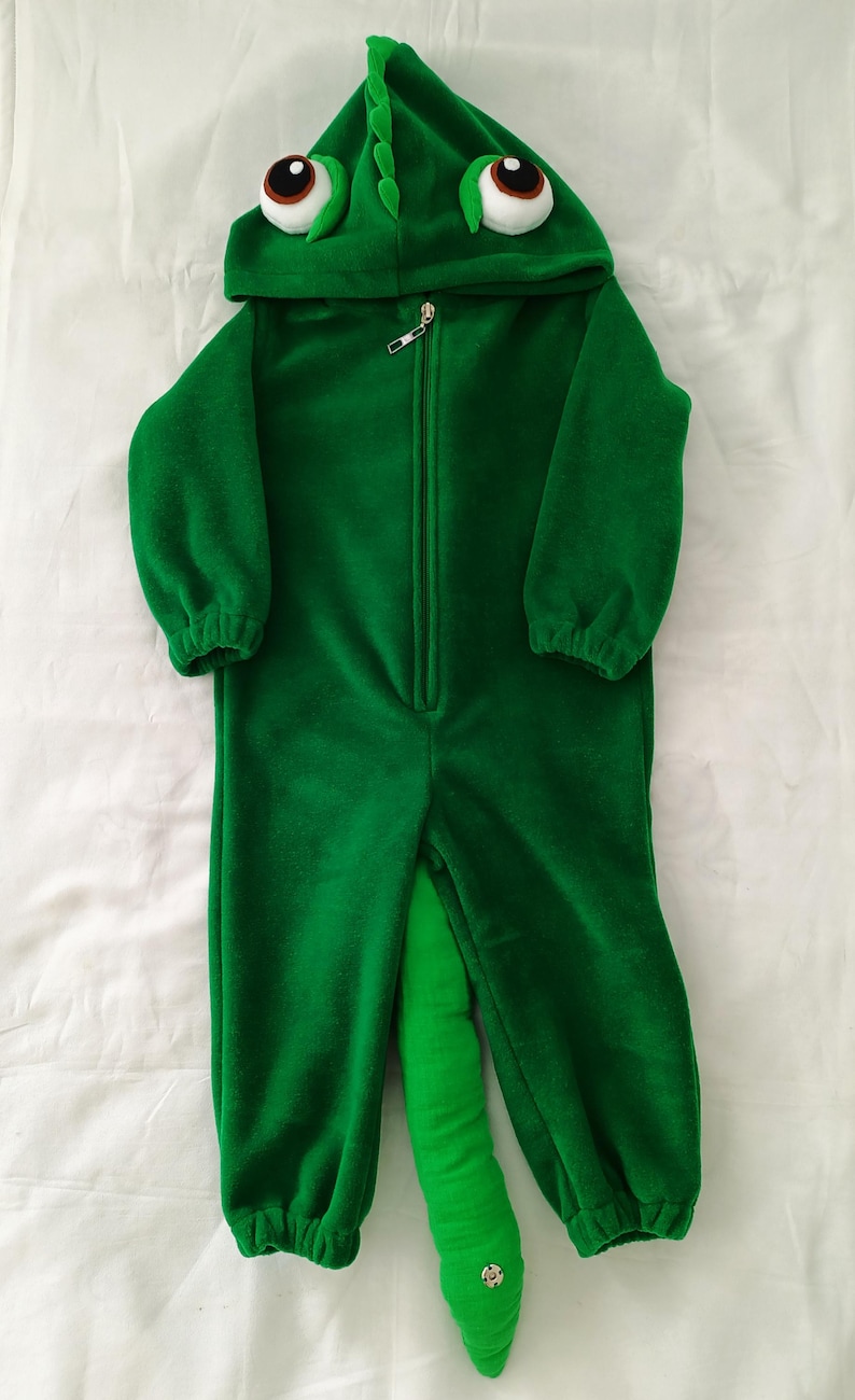 May include: Green fleece hooded jumpsuit with a long tail, designed to look like a chameleon. The hood has large, cartoon eyes and a textured spine.