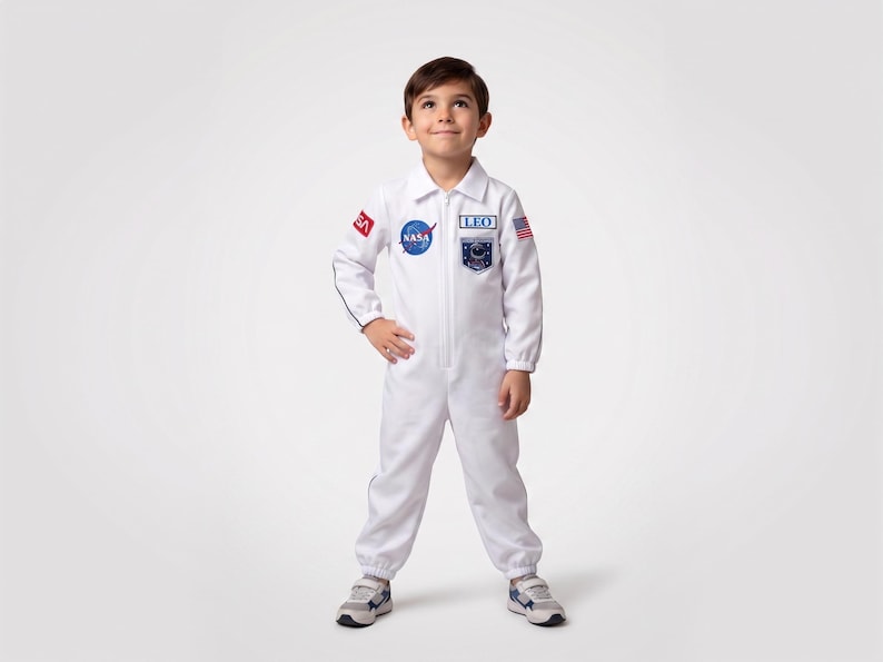Może przedstawiać: Biały kostium astronauty z naszywkami NASA i flagi amerykańskiej. Kostium ma zamek błyskawiczny z przodu, długie rękawy i kołnierz. Dziecko ma na sobie szaro-niebieskie trampki. Kostium jest przeznaczony dla dzieci.