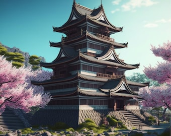 Japanese Castle Landscape, Digital Art Print, AI Generated, Wall Art, AI Art, Digital Download, Home Decor, Printable