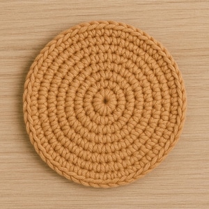 May include: A round, crocheted coaster in a warm, light brown color. The coaster is made with a spiral pattern, creating a textured surface. The handmade item is suitable for protecting surfaces from hot or cold beverages.