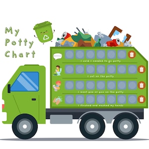 May include: A green potty chart shaped like a garbage truck, with the words "My Potty Chart" in green. The chart has sections for tracking potty training steps, with illustrations and text like "I said I needed to go potty."