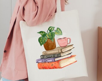 Books And Coffee Tote Bag, Plant Lover Tote Bag, Book Nerd Tote Bag, Cotton Canvas Tote Bag, Zippered Tote Bag, Aesthetic Tote Bag