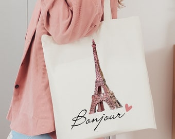 Bonjour Tote Bag, Paris France Tote Bag, Eiffel Tower Tote Bag, Paris Lover, Cotton Canvas Tote Bag, Zippered Tote Bag, Aesthetic Tote Bag