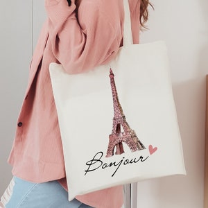 Bonjour Tote Bag, Paris France Tote Bag, Eiffel Tower Tote Bag, Paris Lover, Cotton Canvas Tote Bag, Zippered Tote Bag, Aesthetic Tote Bag