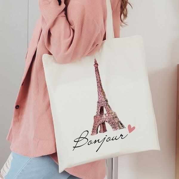 Bonjour Tote Bag, Paris France Tote Bag, Eiffel Tower Tote Bag, Paris Lover, Cotton Canvas Tote Bag, Zippered Tote Bag, Aesthetic Tote Bag