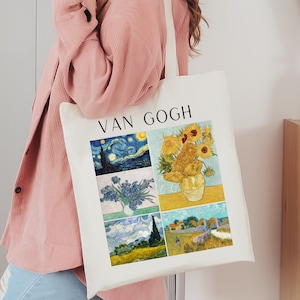May include: A white canvas tote bag with a collage of famous Vincent van Gogh paintings. The bag has a black handle and the text "VAN GOGH" printed in black at the top.