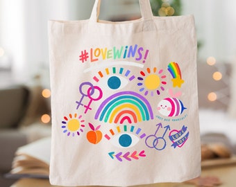 Love Wins Pride Tote Bag: Rainbow Cotton Canvas