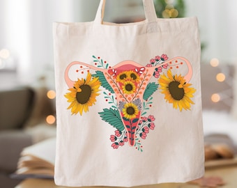 Floral Uterus Cotton Canvas Tote Bag, Feminist Illustration