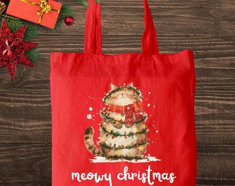 Meowy Christmas Tote Bag, Cat Lover Christmas Gift, Cotton Canvas Bag, Christmas Cat Bag, Cute Cat Christmas Bag, Holiday Gift Bag