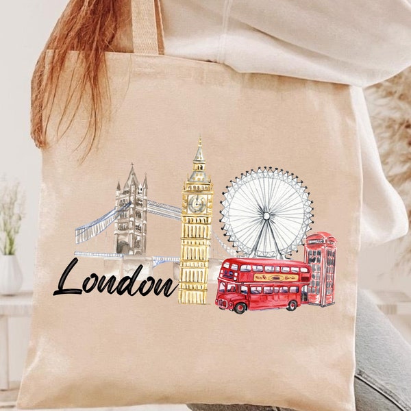 London Tote Bag, London Skyline Tote Bag, London Travel Tote Bag, London Gift, Cotton Canvas Tote Bag, Zippered Tote Bag, City Gift Bag