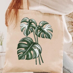 Monstera Plant Tote Bag, Plant Lover Tote Bag, Plant Lady Gift Bag, Cotton Canvas Tote Bag, Zippered Tote Bag, Aesthetic Tote Bag
