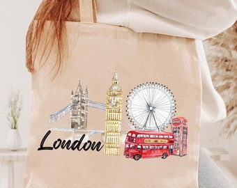 London Skyline Cotton Canvas Tote Bag: City Travel Gift