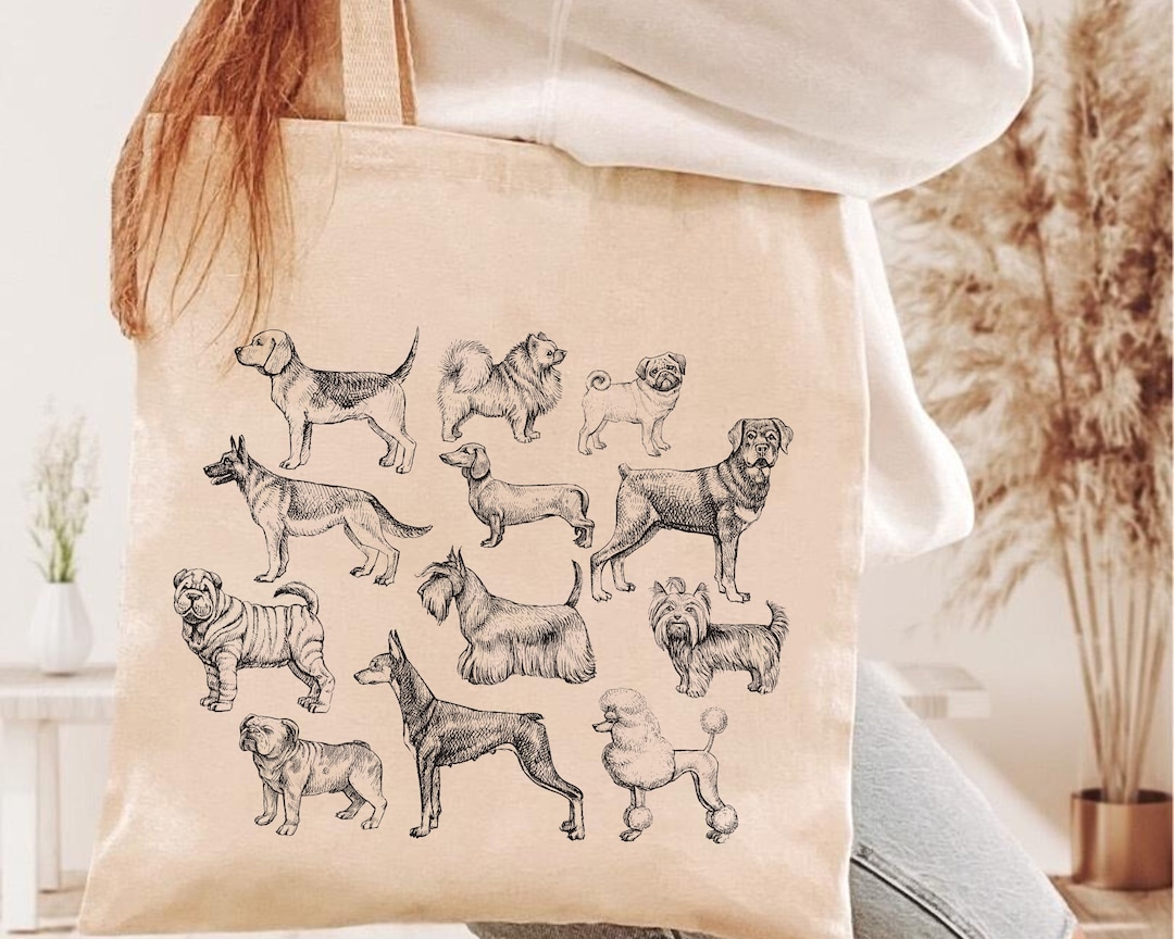 Hand Drawn Dogs Tote Bag, Dog Owner Tote Bag, Dog Lover Gift, Cotton