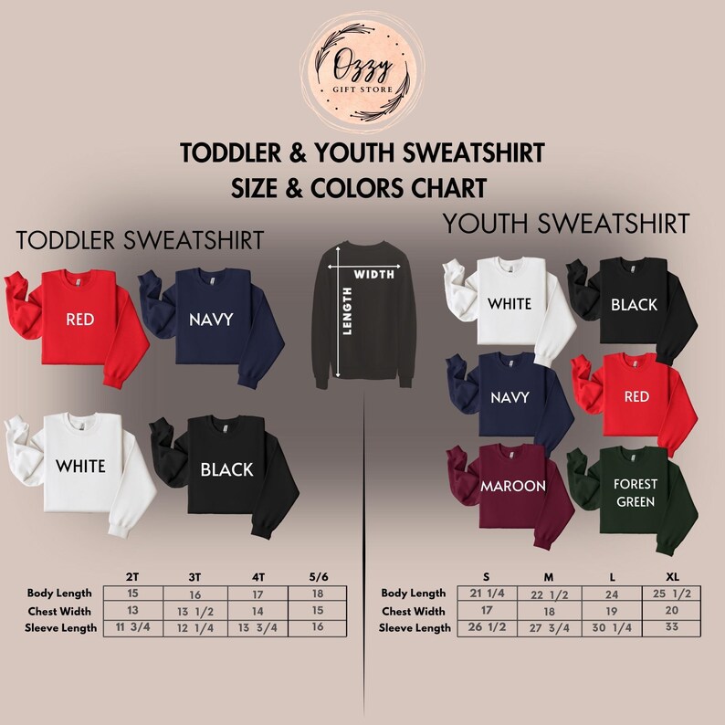 toddler and youth sweatshirt sizes and colors chart