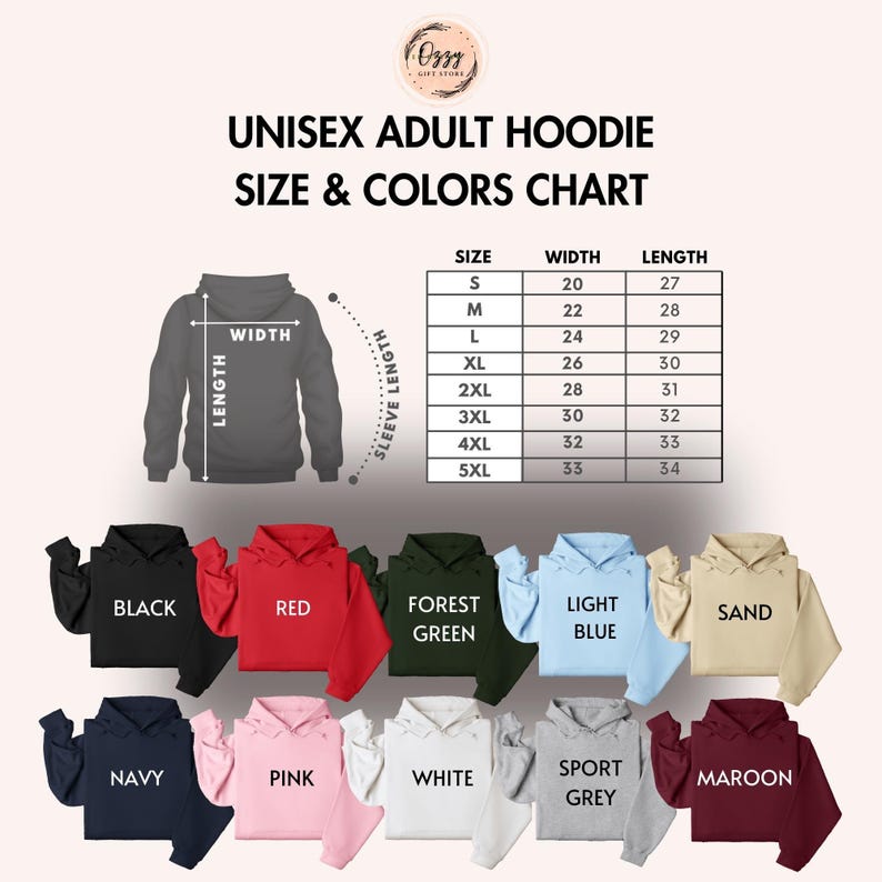 an image of a hoodie size and colors chart