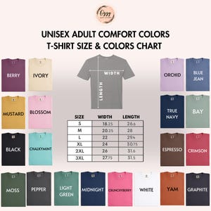 The image is a color chart for adult comfort t-shirt sizes and colors. It displays a variety of t-shirt designs, including different colors and sizes, along with corresponding measurements.