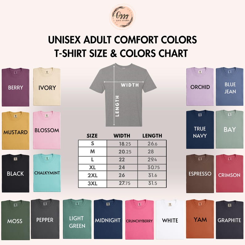 The image is a color chart for adult comfort t-shirt sizes and colors. It displays a variety of t-shirt designs, including different colors and sizes, along with corresponding measurements.