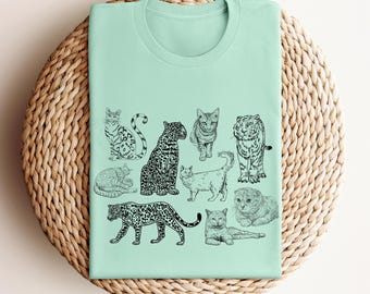 Hand-Drawn Leopard Cat T-Shirt: Feline Art Tee, Cat Lover Gift