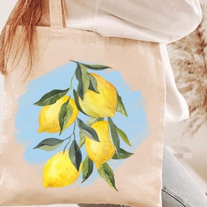 Lemon Print Tote Bag: Summer Fruit, Zippered Canvas Bag