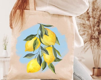 Lemon Print Tote Bag: Summer Fruit,  Grocery Canvas Bag