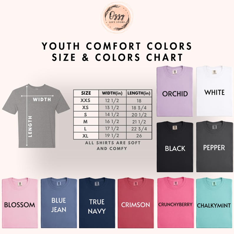 The image is a size and color chart for youth comfort shirts, displaying various shirt sizes and colors.
