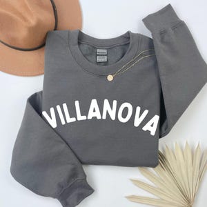May include: A gray sweatshirt with the word "VILLANOVA" in white block letters. A gold necklace with a small pendant is draped on the sweatshirt. A brown hat is in the background.