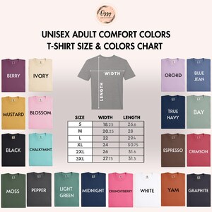 The image is a color chart for adult comfort t-shirt sizes and colors. It displays a variety of t-shirt designs, including different colors and sizes, along with corresponding measurements.