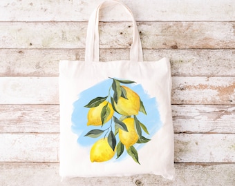 Lemon Print Tote Bag: Summer Fruit, Grocery Canvas Bag