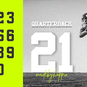 Pode incluir: Imagem em preto e branco de um jogador de futebol americano vestindo uma camisa com o número 21. O texto "QUARTERBACK" está acima do número. O texto "made by shoppix" está abaixo do número. A imagem também inclui um conjunto de números pretos de 0 a 9 em um fundo amarelo brilhante.