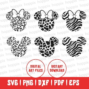 Puede incluir: Seis archivos de corte digital en blanco y negro de cabezas de Mickey Mouse con diferentes patrones de estampado animal: leopardo, jirafa y cebra. El texto "DIGITAL ART FILES" y "INSTANT DOWNLOAD" está incluido en la imagen.