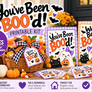 May include: A printable Halloween kit featuring five pages of designs with the text You've Been BOO'd. The kit includes signs, gift tags, and cards decorated with illustrations of ghosts, black cats, pumpkins, bats, and candy corn in orange, purple, and black.