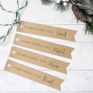 Étiquette cadeau de Noël à imprimer, étiquette cadeau quelque chose dont vous avez besoin, envie de lire, lot de 6, téléchargement immédiat, impression à la maison
