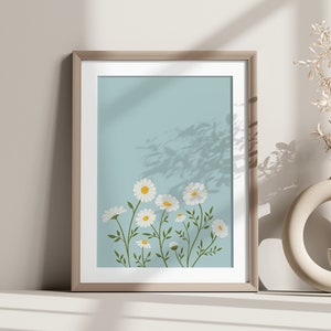 Daisy Printable Wall Art, Blue Daisy Illustration, Teal Blue Wall Art, Wildflowers Art, Spring Floral Decor, Instant Download