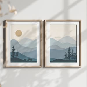 Bear Mountain Printable Wall Art, Set of 2, Tree Mountain Print, Blue Nursery, Kids Room Decor, Boys Mountain Nursery Art, Instant Download
