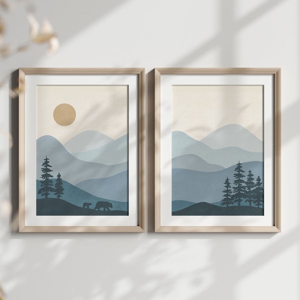 Bear Mountain Printable Wall Art, Set of 2, Tree Mountain Print, Blue Nursery, Kids Room Decor, Boys Mountain Nursery Art, Instant Download