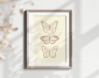 Butterfly Outline Printable Wall Art, Minimalistic Butterfly Art, 3 Butterflies, Neutral Wall Decor, Vertical Art Print, Instant Download