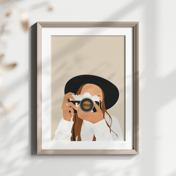 Woman Photographer Printable Wall Art, Girl with Camera Illustration, Gift for Photography lovers, Feminine Art, Instant Download