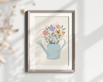 Watering Can Floral Bouquet Art Print, Garden Decor (Digital Download)