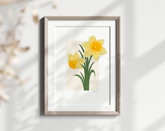 Påsklilja utskrivbar väggkonst, gul blommig illustration, narcissblomma, vårblommig dekoration, marsfödelseblomma, omedelbar nedladdning