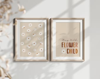 Daisy Flower Child Printable Wall Art, Set of 2, Beige Daisies, Quote, Nursery Decor, Girls Room Wall Art, Boho style, Instant Download