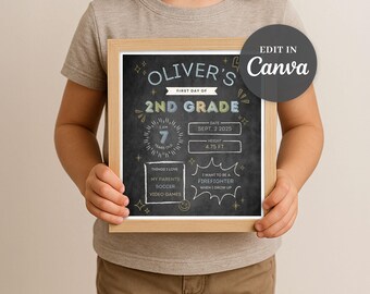 Editable Back To School Sign, Chalkboard, Digital First Day of School Poster, Back to School Printable, School Photo Prop, Canva Template