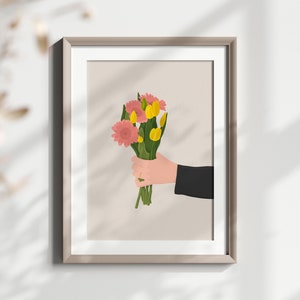 Spring Floral Bouquet Printable Wall Art, Tulip and Daisy Bouquet, Hand Holding Bouquet, Spring Floral Decor, Instant Download