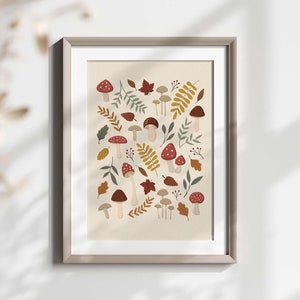 Pilz Blätter druckbare Wandkunst, botanisch, wilde Pilze, Wald, Pilze, erdige Illustration, Herbst Dekor, Herbst, Instant Download